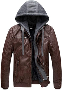 Wantdo Men's Faux Leather Jacket with Removable Hood