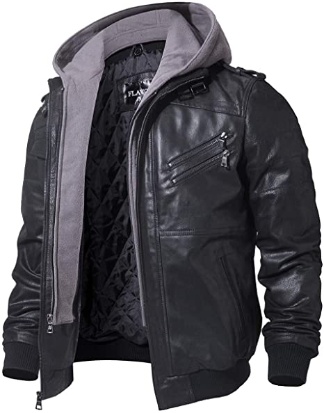 FLAVOR Men Brown Leather Motorcycle Jacket with Removable Hood